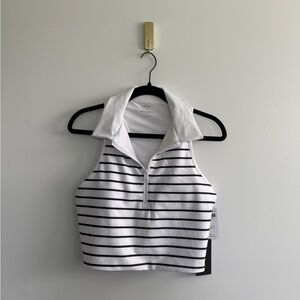Striped White & Black Zip Polo Crop Top